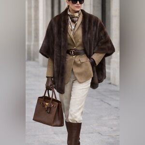 Mink Fur Wrap Shawl Chocolate Brown Pockets Vtg Custom 10-12 Warm Soft EUC